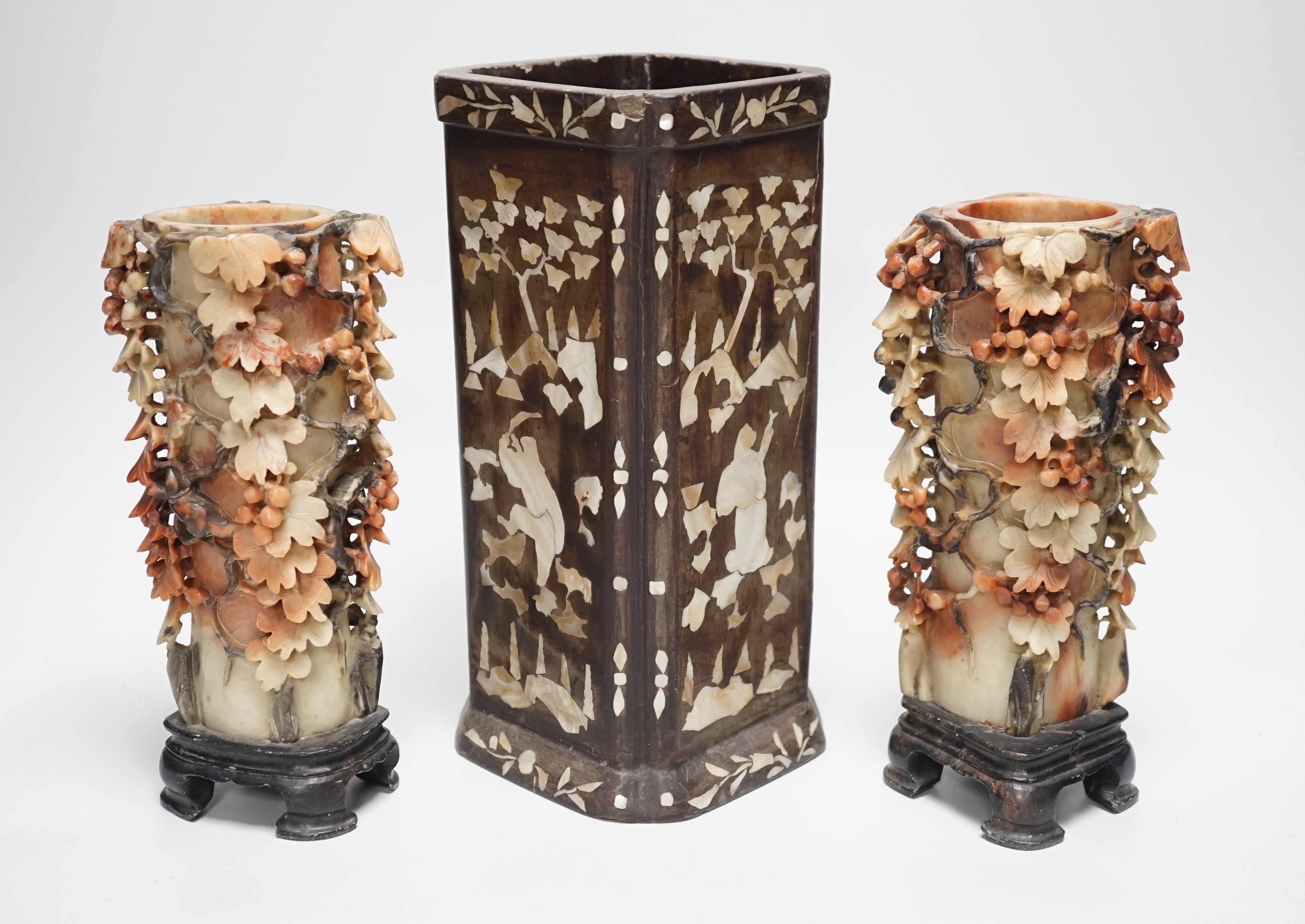 A pair of Chinese soapstone vases and a mother-of-pearl and papier mache inlaid brushpot Tallest 27cm